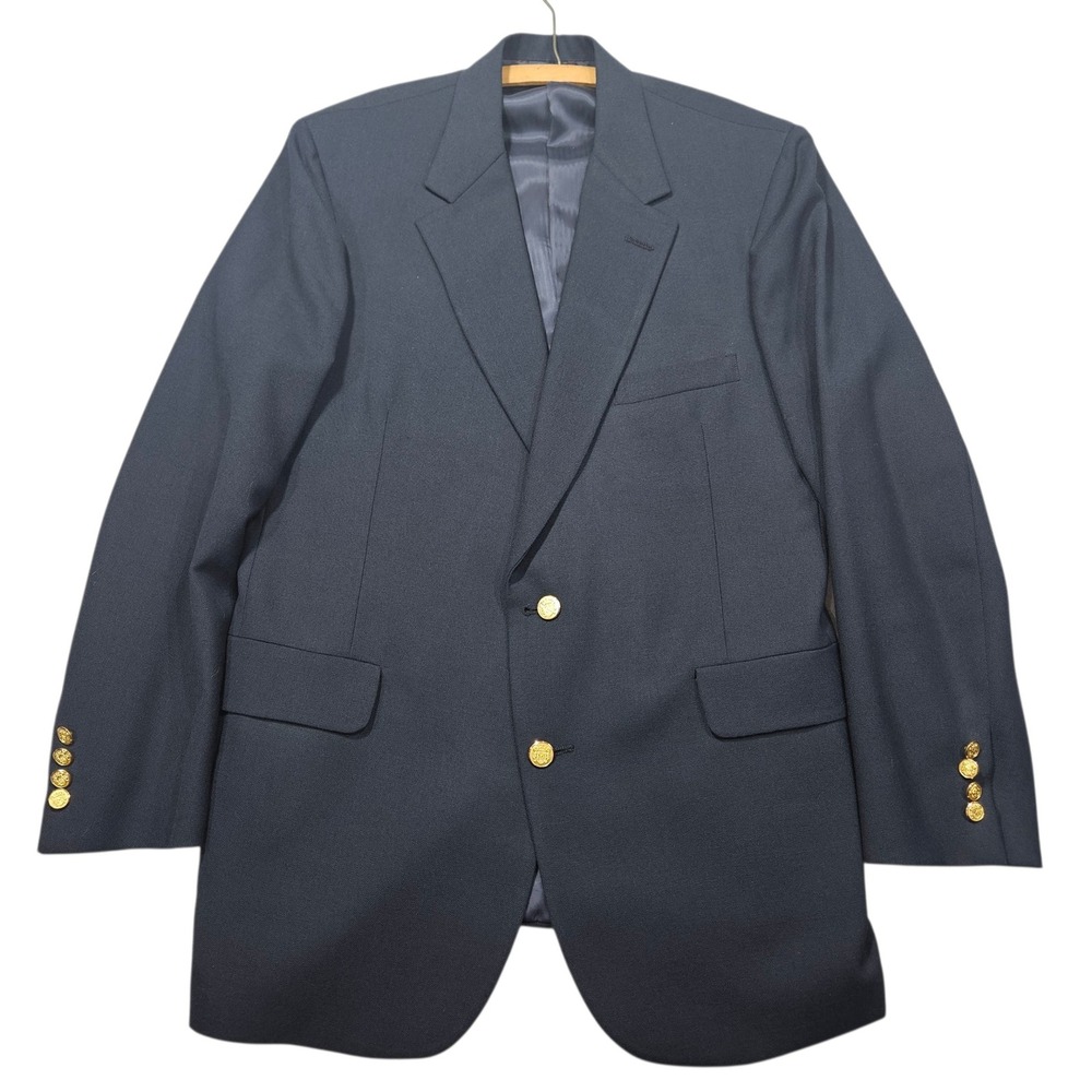 VTG Navy Blue Gold Crested Button Wool Blazer Sport Coat Sz 40R